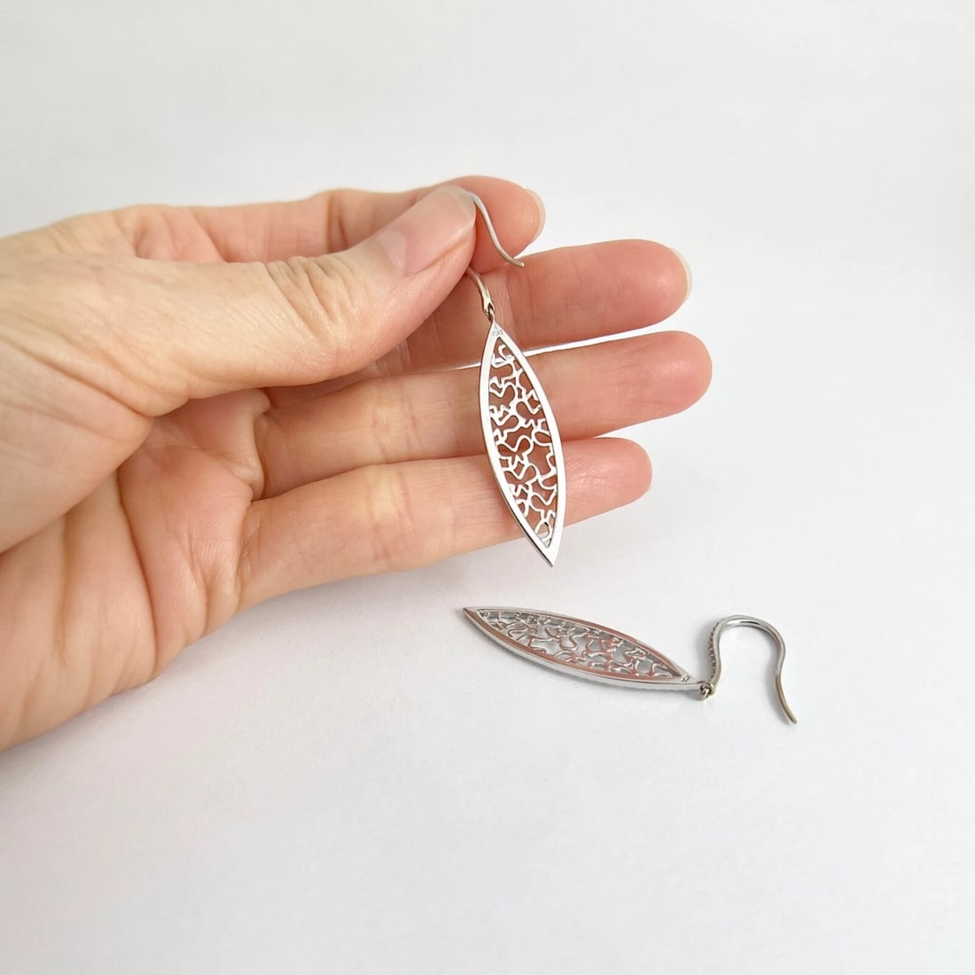 Diamond Filigree Marquise Navette Dangle Drop Earrings 14K White Gold, .60 CTW - 7