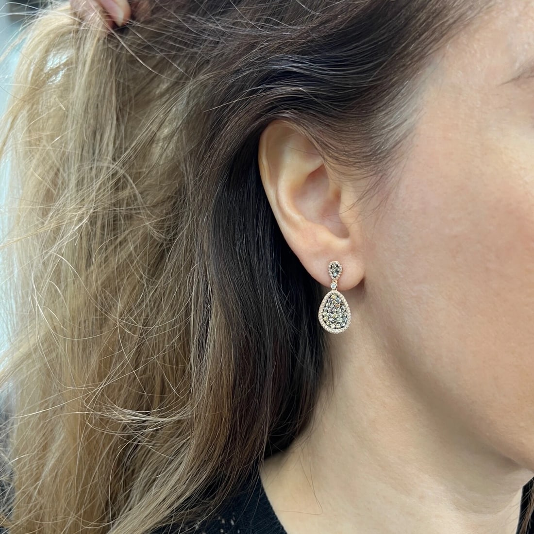 Multicolored Pave Diamond Dangle Drop Earrings 14K Pink Rose Gold, 1.65 CTW - 4