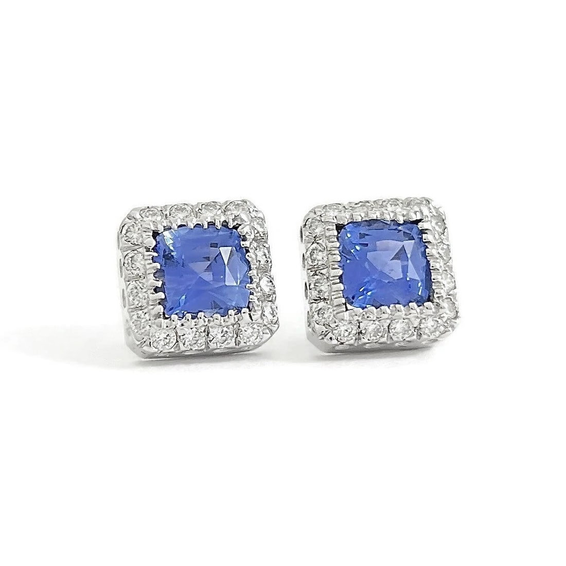 Square Blue Sapphire Diamond Halo Stud Earrings 14K White Gold, 2.16 CTW (1 of 6)