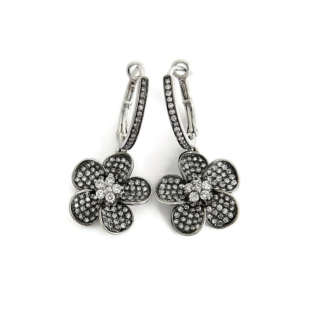 Black Diamond Flower Dangle Drop Earrings 14K White Gold, .79 CTW - 2