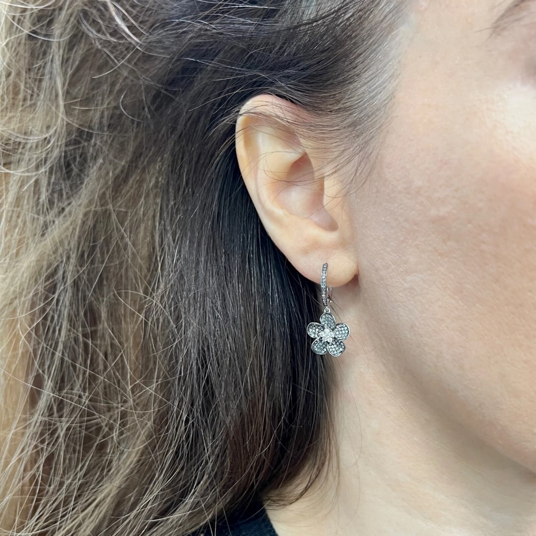 Black Diamond Flower Dangle Drop Earrings 14K White Gold, .79 CTW - 4