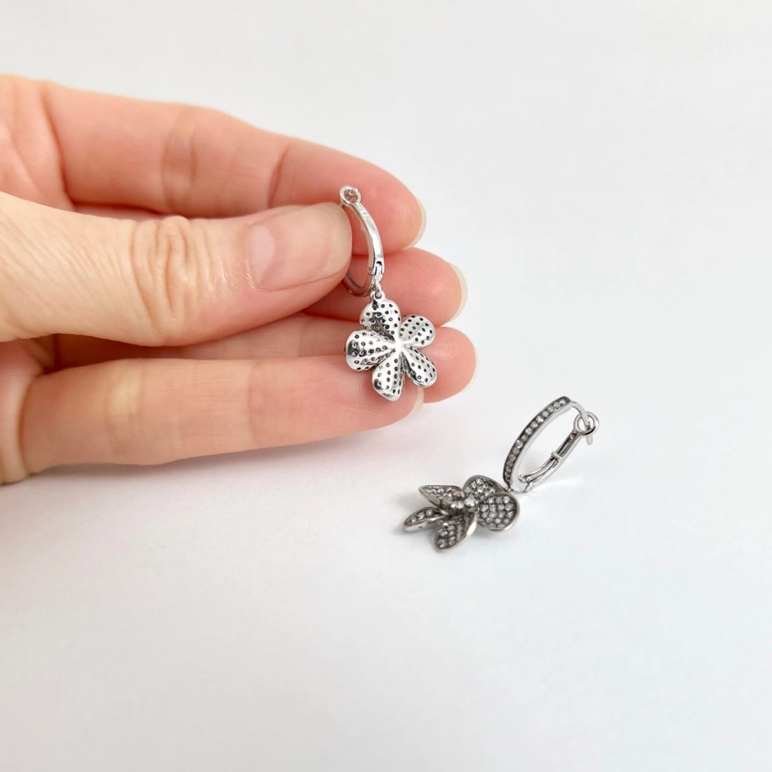 Black Diamond Flower Dangle Drop Earrings 14K White Gold, .79 CTW - 7