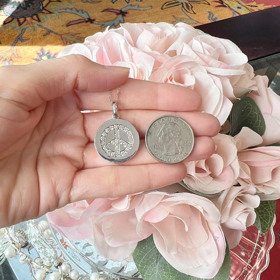 Diamond Peace Sign Round Disc Pendant Necklace 14K White Gold, .70 CTW - 9