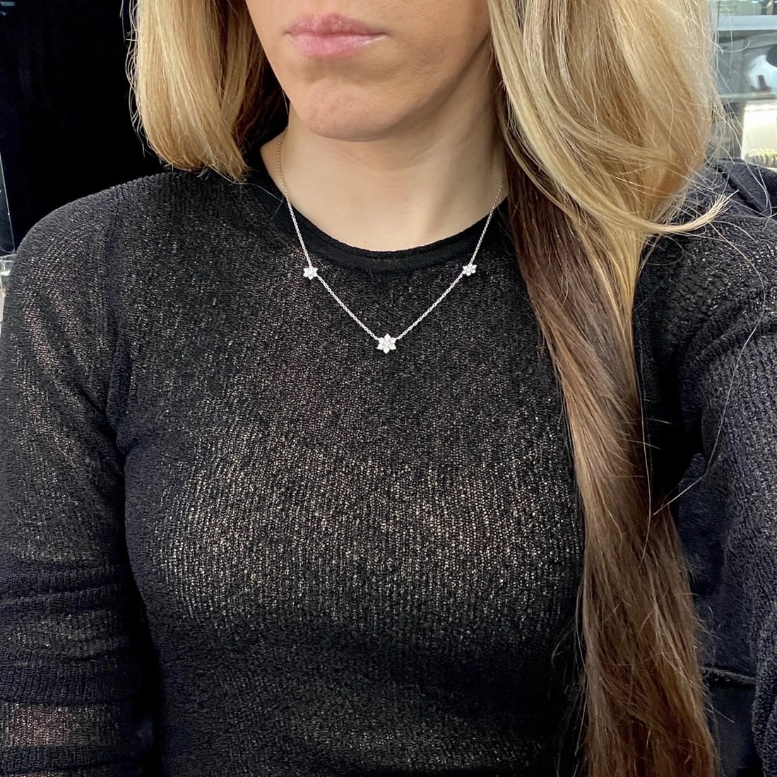 Star Flower Diamond Cluster Station Necklace 14K White Gold, 1.05 CTW - 4