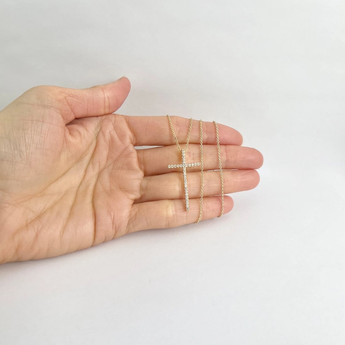 Long Thin Diamond Cross Pendant Necklace 14K Yellow Gold, .27 CTW - 3