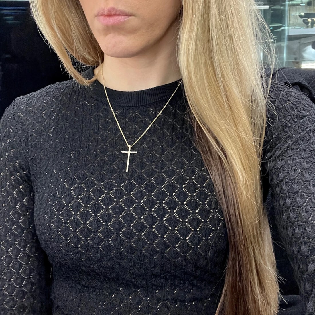 Long Thin Diamond Cross Pendant Necklace 14K Yellow Gold, .27 CTW - 4