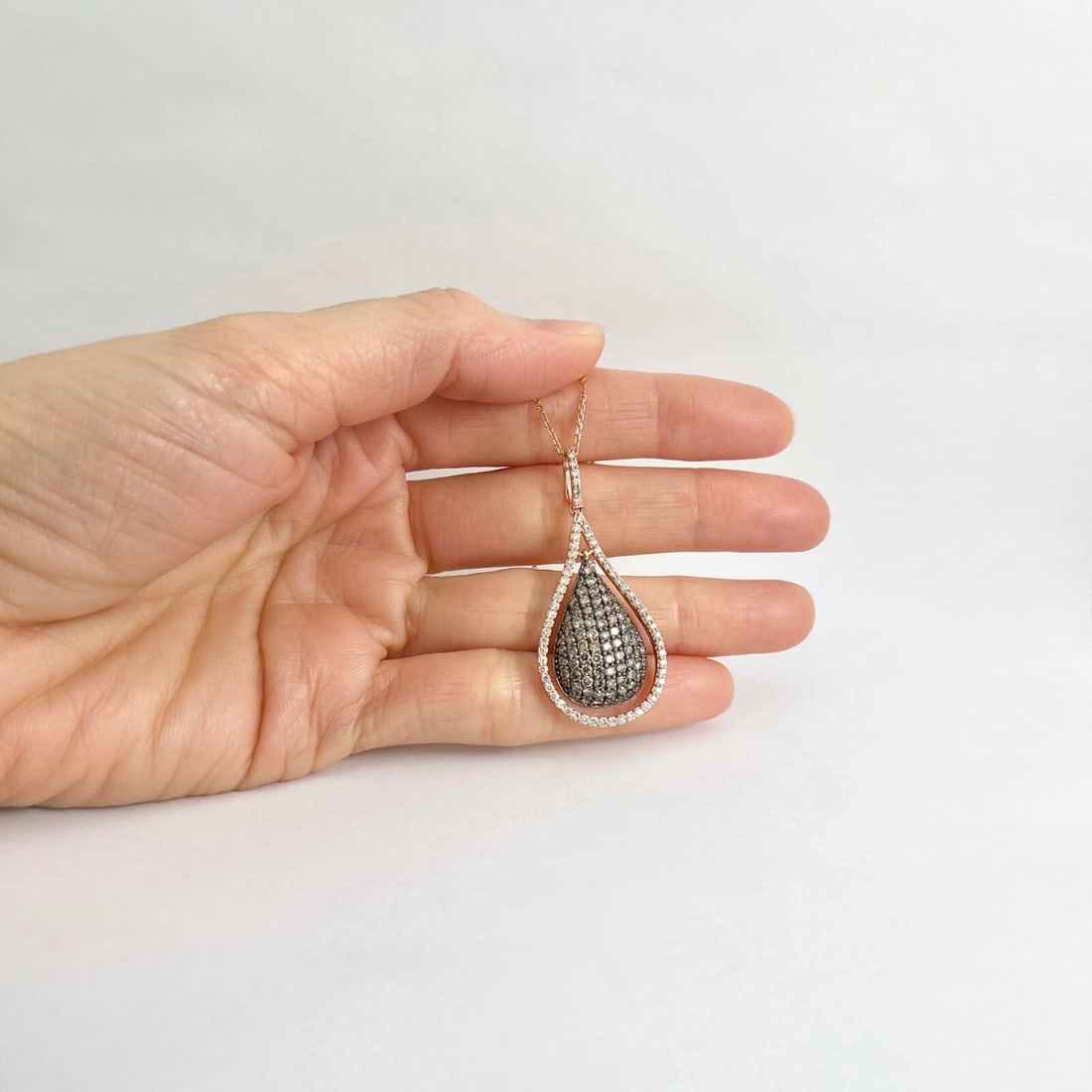 Pave Cognac Diamond Teardrop Pendant Necklace 14K Pink Rose Gold, 1.76 CTW - 5