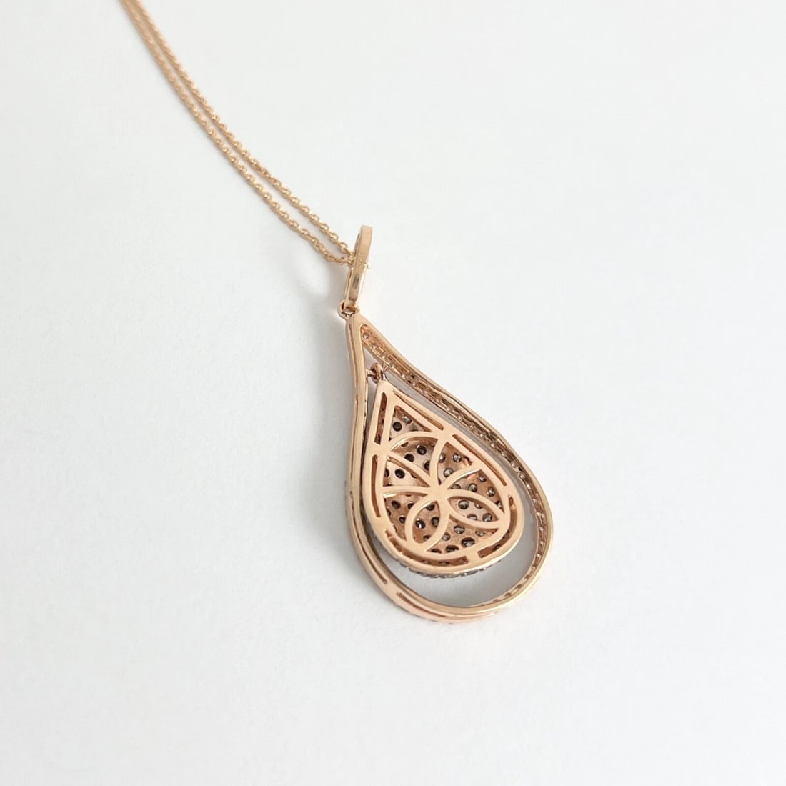 Pave Cognac Diamond Teardrop Pendant Necklace 14K Pink Rose Gold, 1.76 CTW - 7
