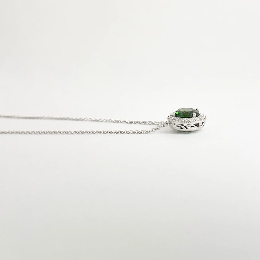Round Green Chrome Diopside Diamond Halo Pendant Necklace 14K White Gold 1.64 TW - 6