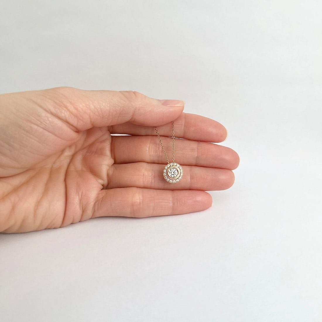 Round Diamond Bezel Halo Pendant Necklace 14K Pink Rose Gold, .52 CTW - 3