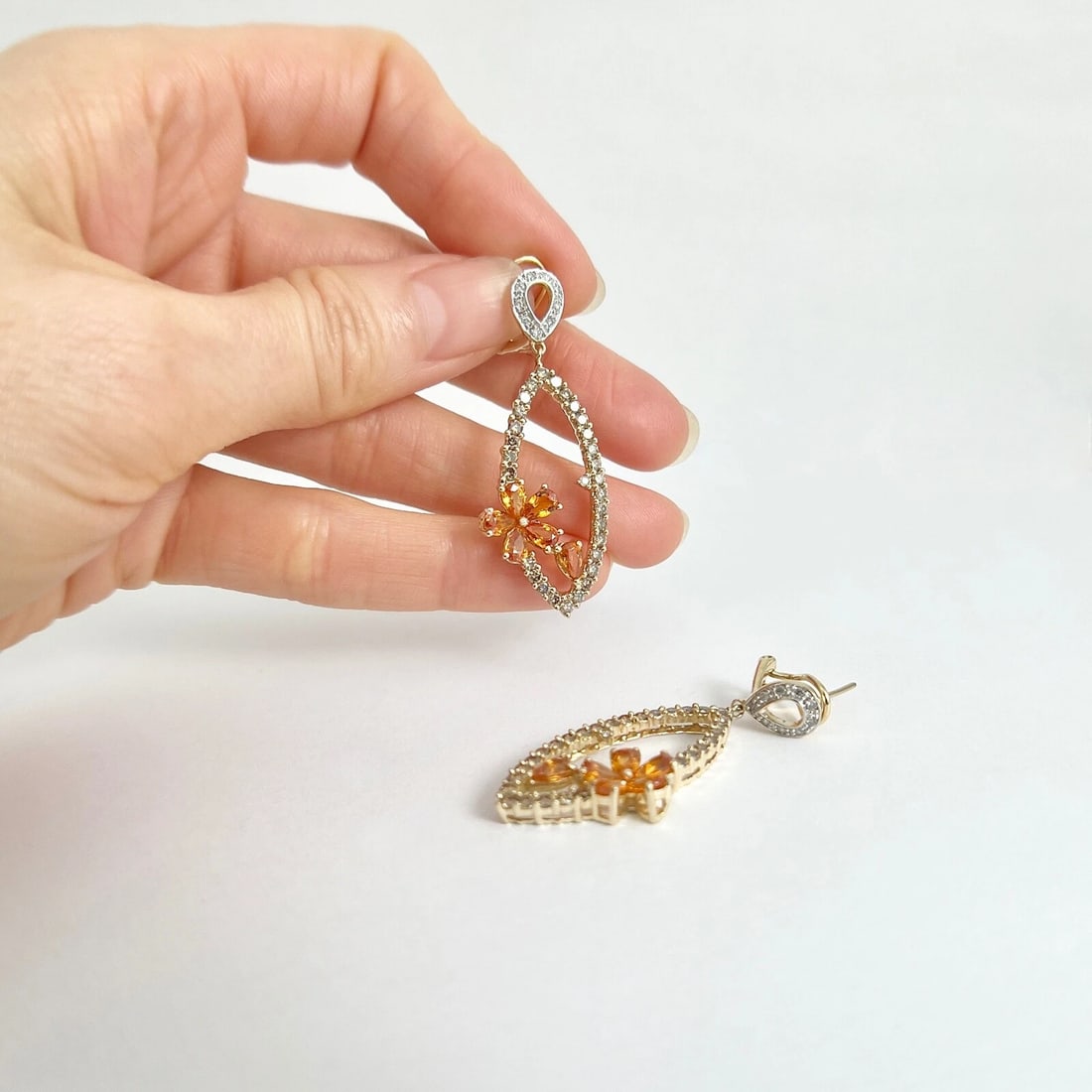 Orange Sapphire Diamond Flower Dangle Drop Earrings 14K Yellow Gold, 4.55 CTW - 3