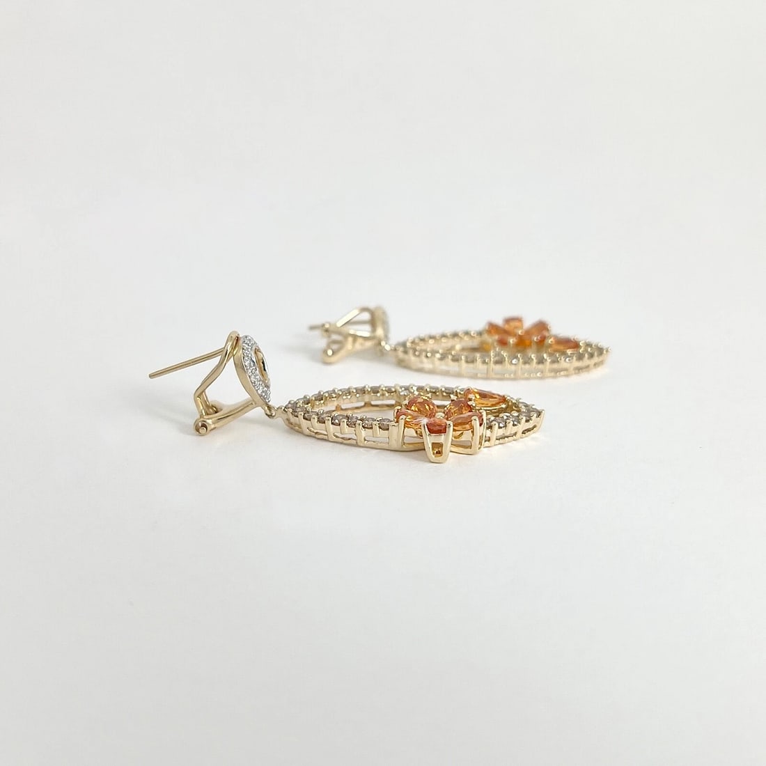 Orange Sapphire Diamond Flower Dangle Drop Earrings 14K Yellow Gold, 4.55 CTW - 7