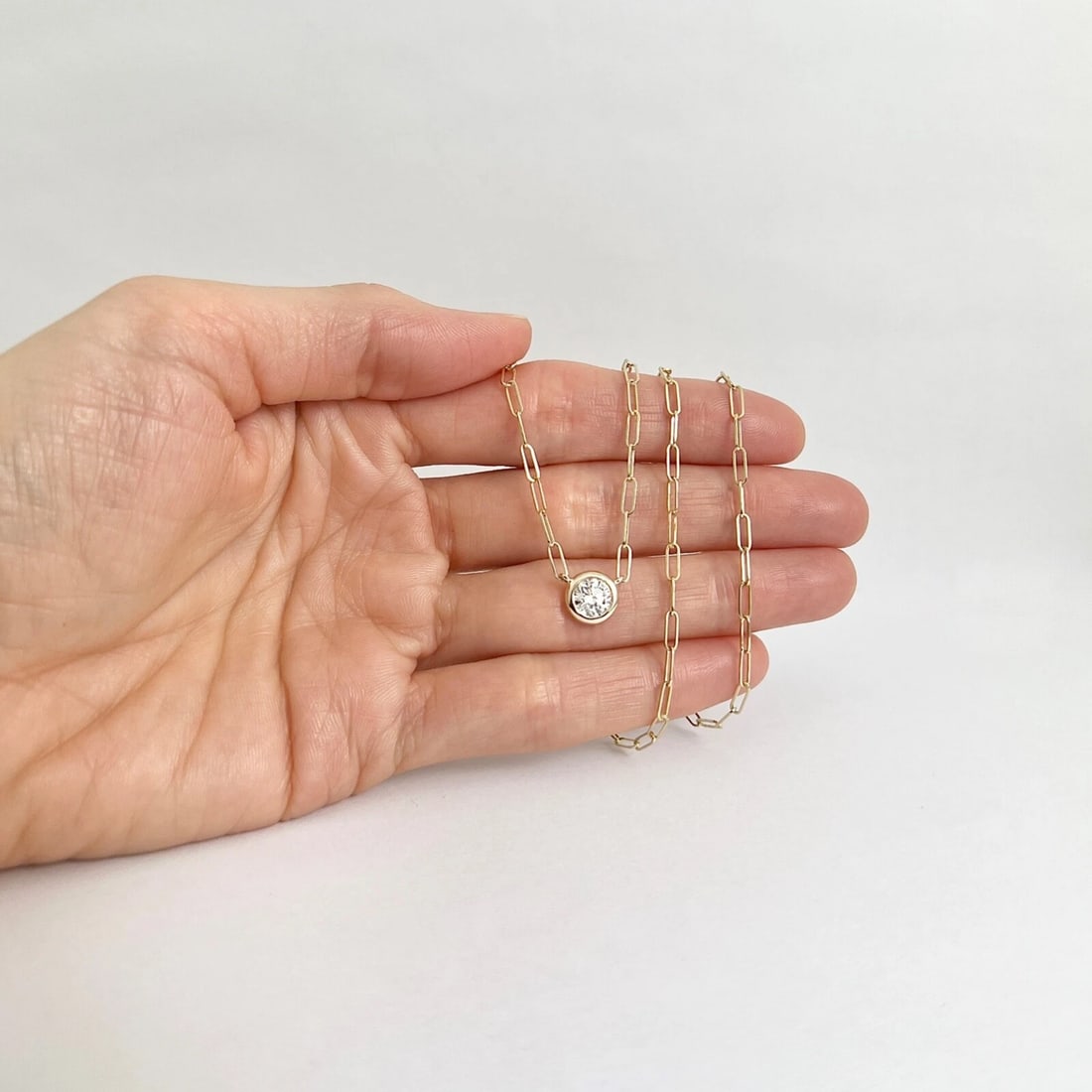 GIA Round Bezel Solitaire Diamond Paperclip Necklace 14K Yellow Gold .70 CT - 3