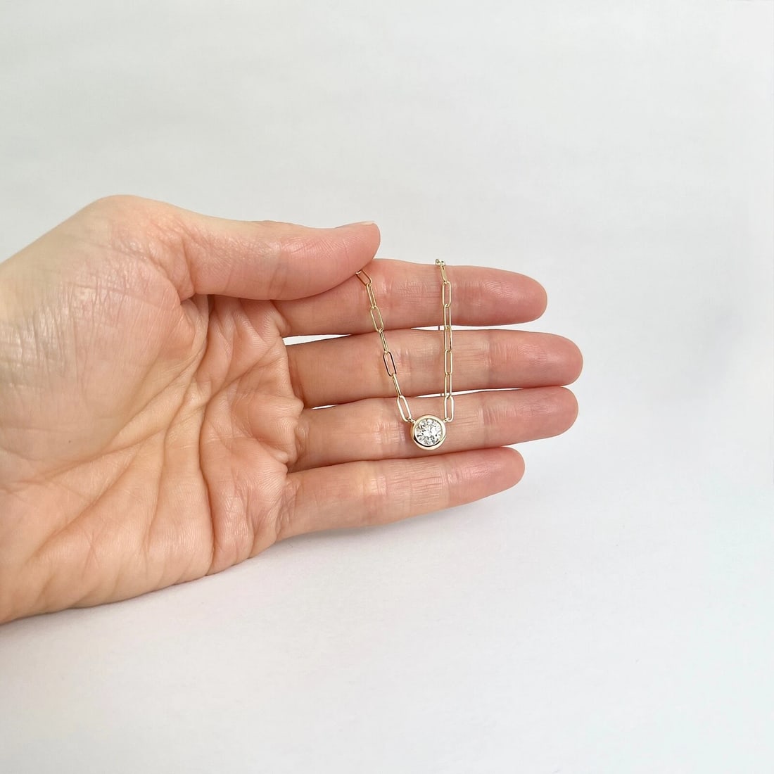 GIA Round Bezel Solitaire Diamond Paperclip Necklace 14K Yellow Gold .70 CT - 4