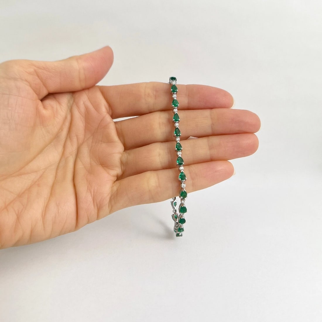 Pear Green Emerald Diamond Gemstone Tennis Bracelet 14K White Gold, 3.68 CTW - 3