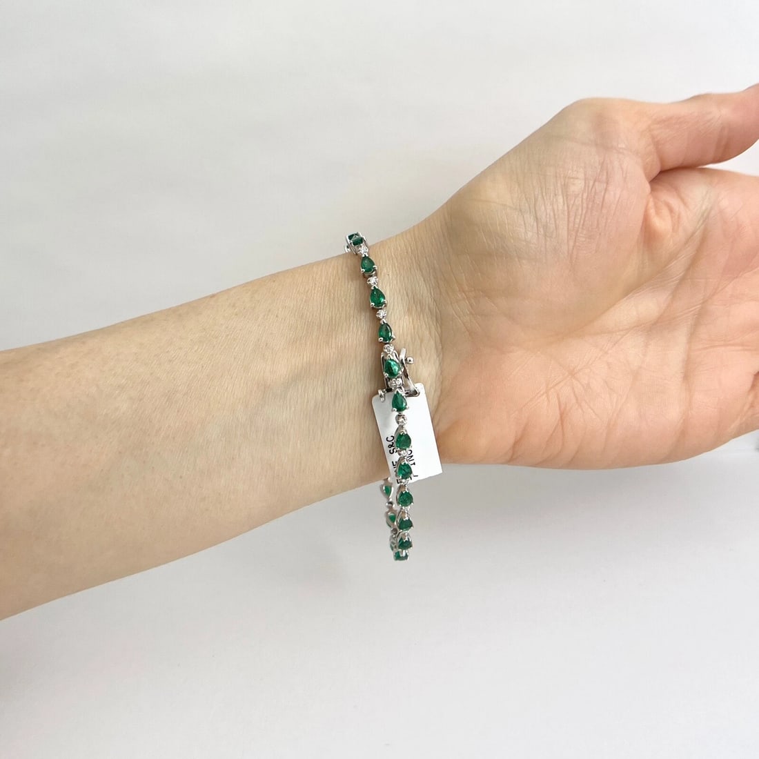 Pear Green Emerald Diamond Gemstone Tennis Bracelet 14K White Gold, 3.68 CTW - 6