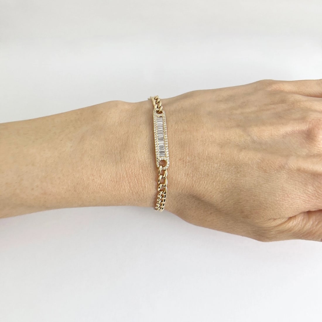 Baguette Diamond ID Bar Chain Link Bracelet 14K Yellow Gold, 6.75 Inch, .82 CTW - 4