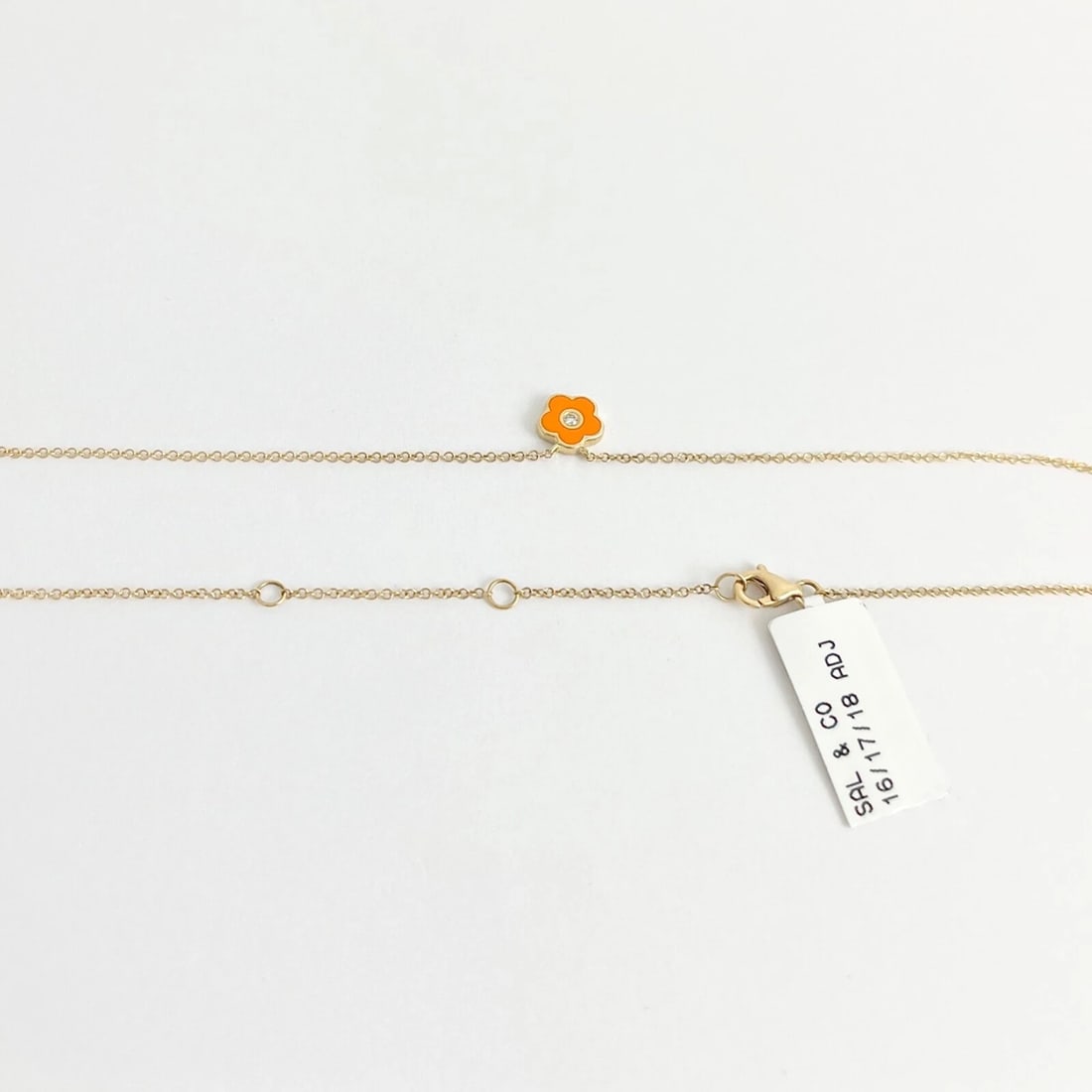 Orange Enamel Flower Diamond Pendant Necklace 14K Yellow Gold, .03 CT - 7