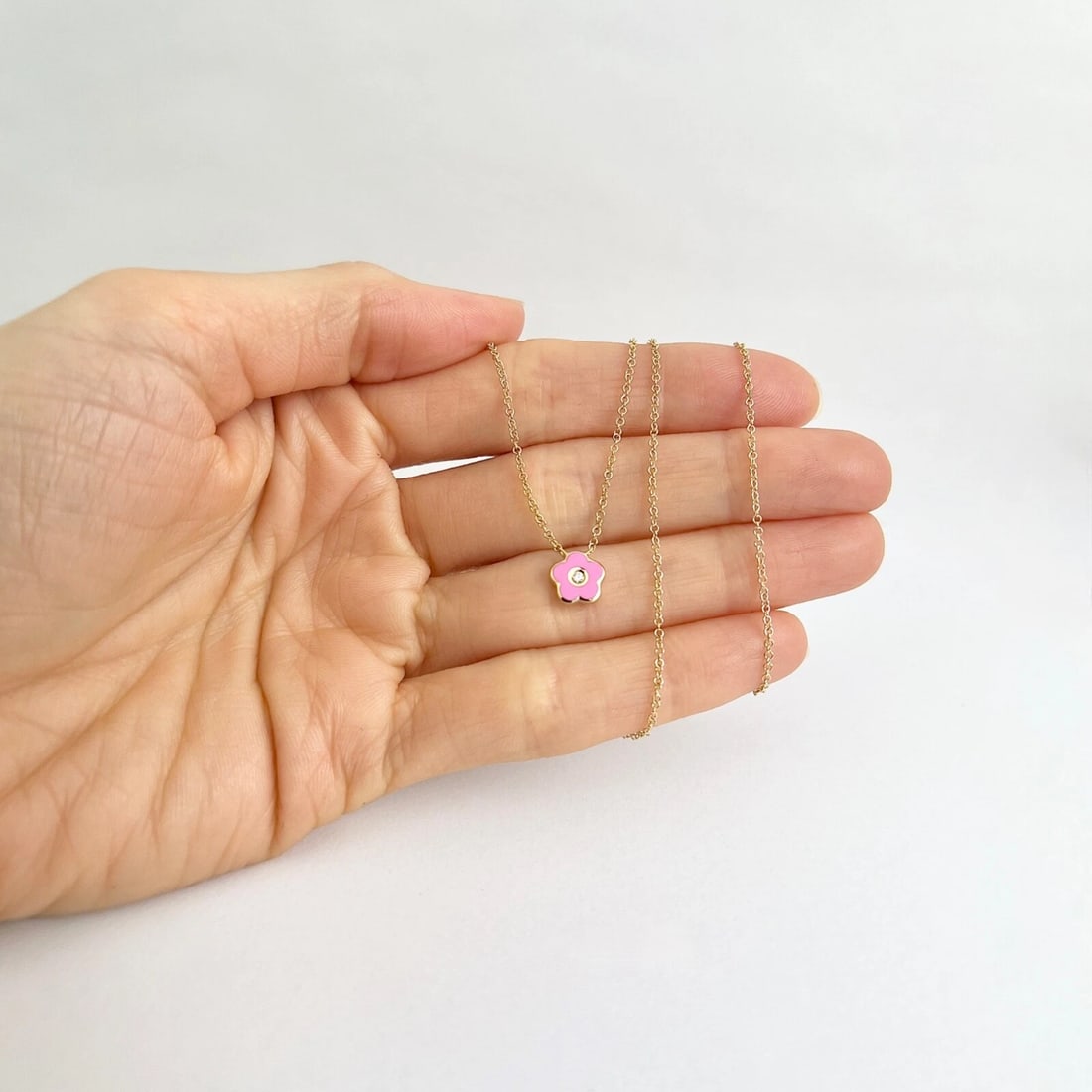 Pink Enamel Flower Diamond Pendant Necklace 14K Yellow Gold, .03 CT - 3