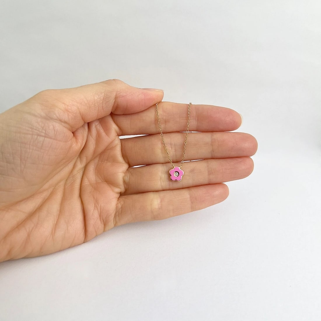 Pink Enamel Flower Diamond Pendant Necklace 14K Yellow Gold, .03 CT - 4