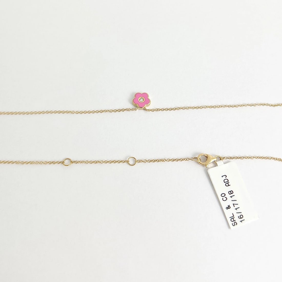 Pink Enamel Flower Diamond Pendant Necklace 14K Yellow Gold, .03 CT - 7