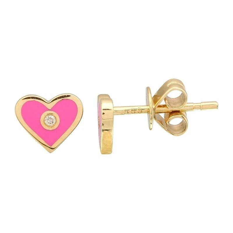 Pink Enamel Heart Diamond Stud Earrings 14K Yellow Gold .02 CTW (1 of 5)