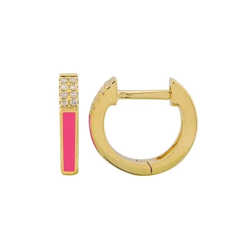 Pink Enamel Pave Diamond Thin Huggie Earrings 14K Yellow Gold, .08 CTW - 2