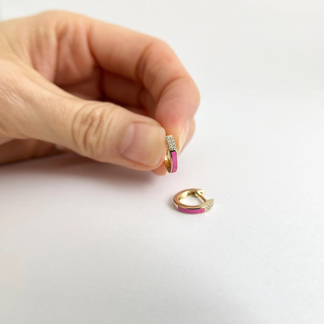 Pink Enamel Pave Diamond Thin Huggie Earrings 14K Yellow Gold, .08 CTW - 3