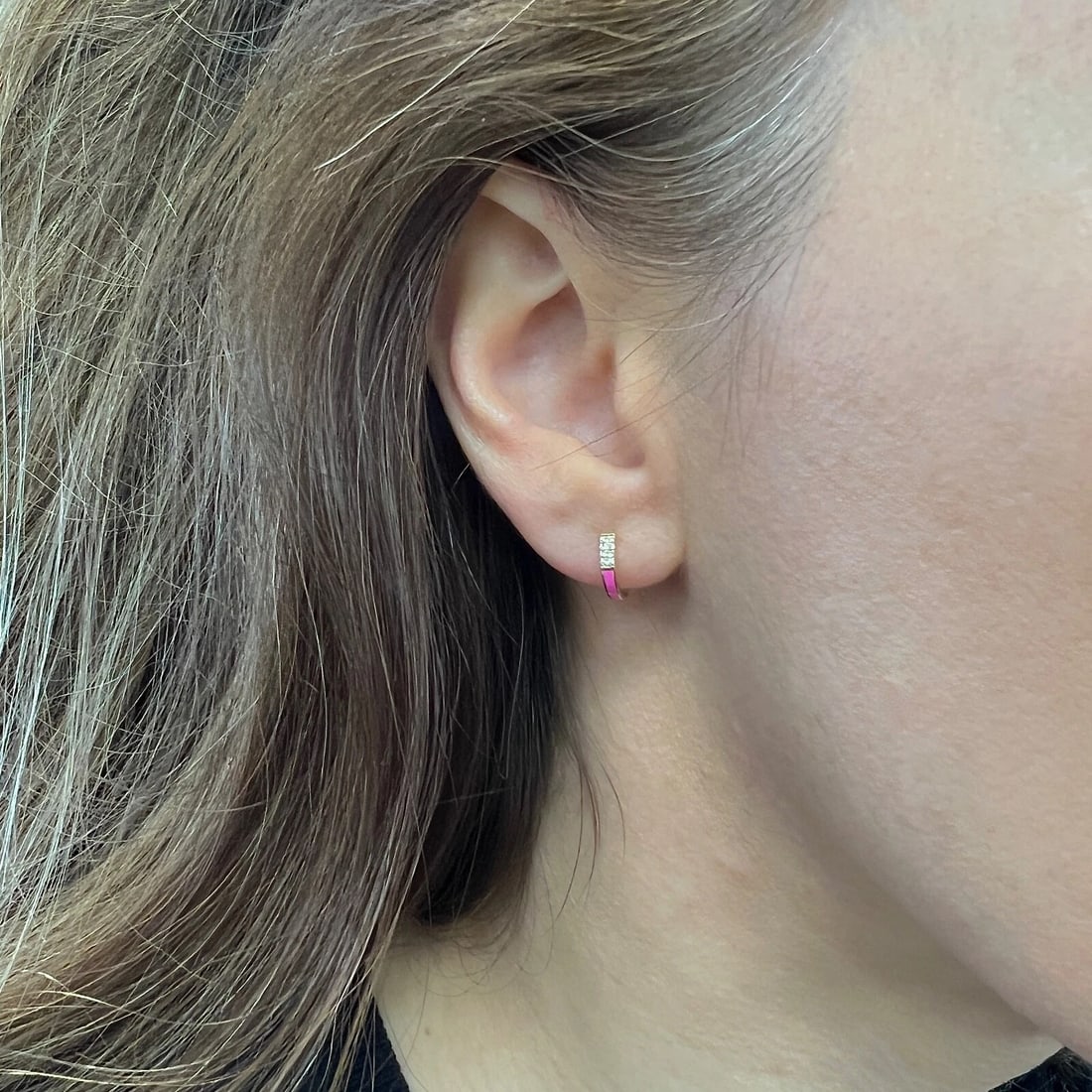 Pink Enamel Pave Diamond Thin Huggie Earrings 14K Yellow Gold, .08 CTW - 4