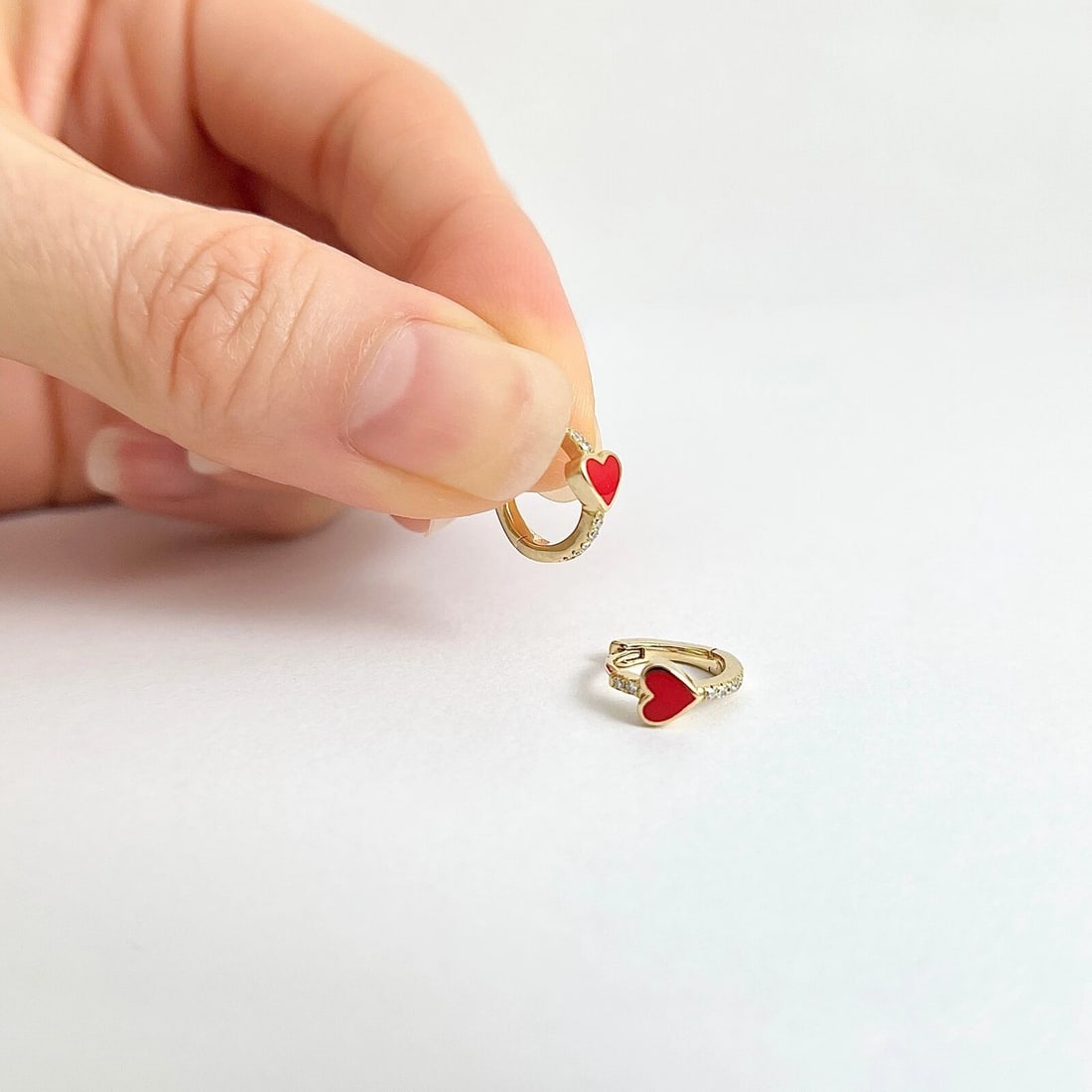 Red Enamel Heart Diamond Huggie Earrings 14K Yellow Gold, .07 CTW - 3