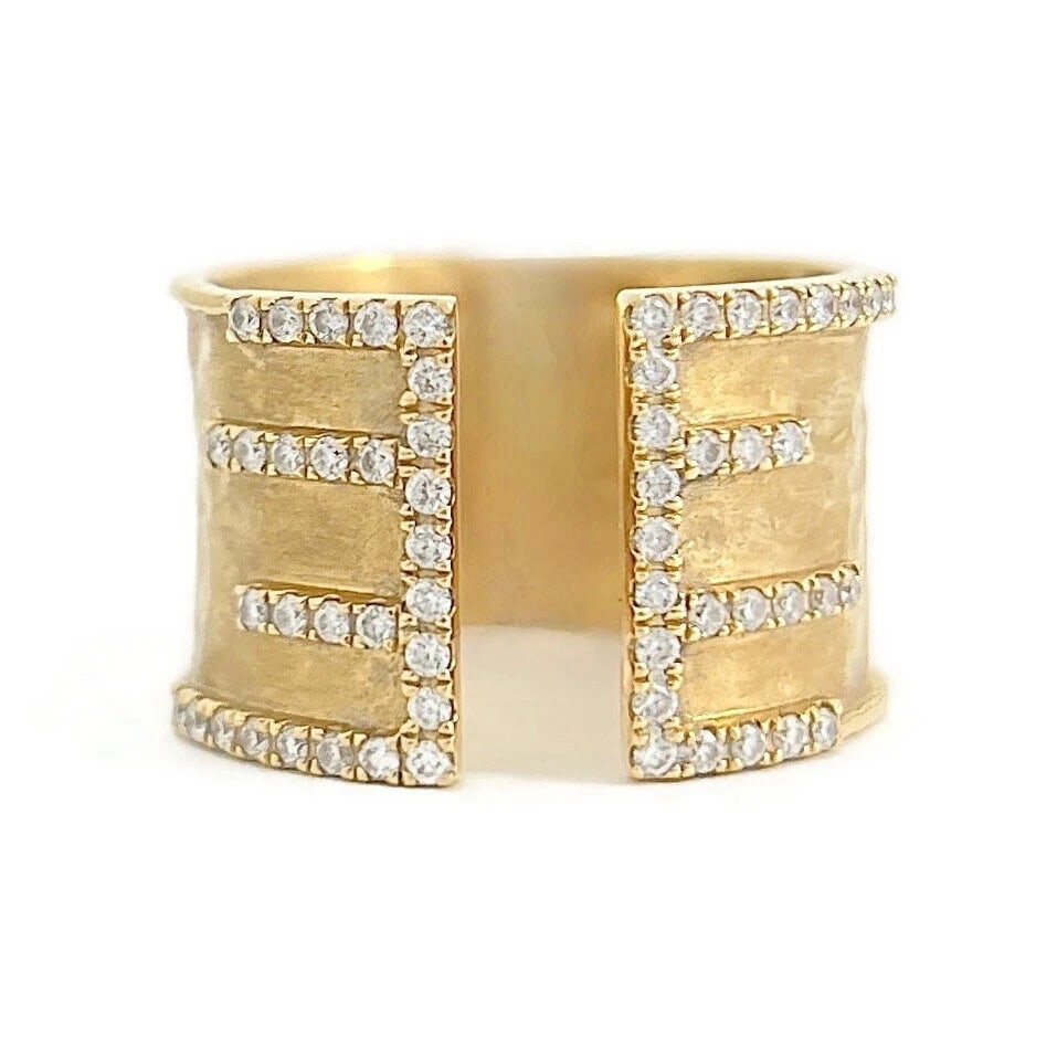 Italian Wide Hammered Diamond Split Open Ring 18K Yellow Gold, .54 CTW - 2