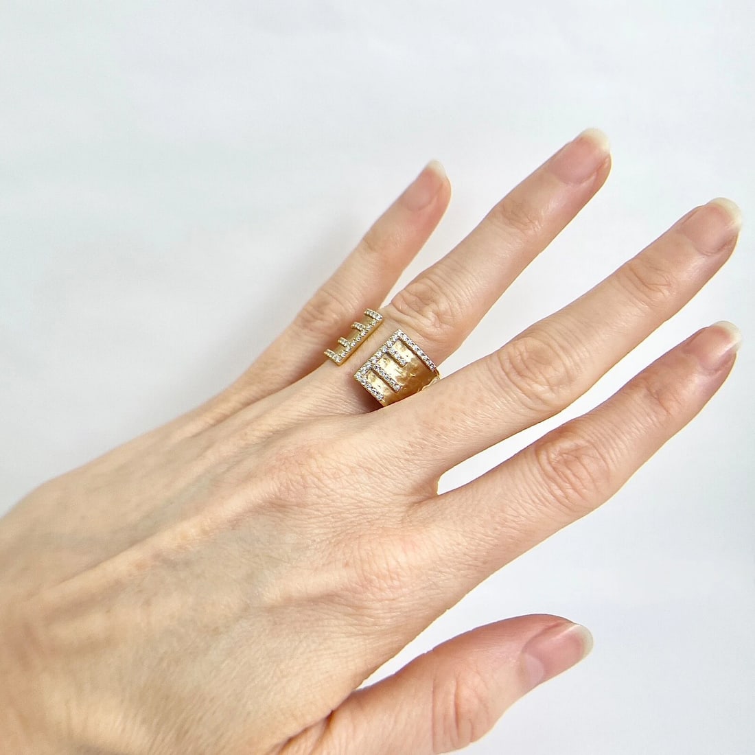 Italian Wide Hammered Diamond Split Open Ring 18K Yellow Gold, .54 CTW - 6