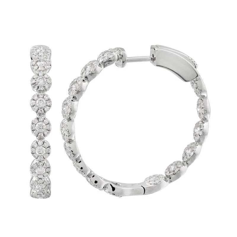 Diamond Halo Cluster Hoop Earrings 14K White Gold 1 Inch Long, 1.35 CTW (1 of 7)