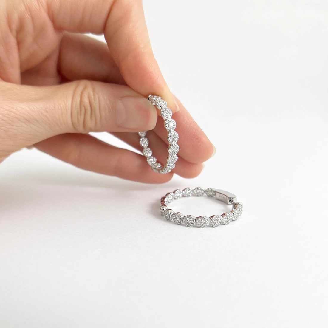 Diamond Halo Cluster Hoop Earrings 14K White Gold 1 Inch Long, 1.35 CTW - 3