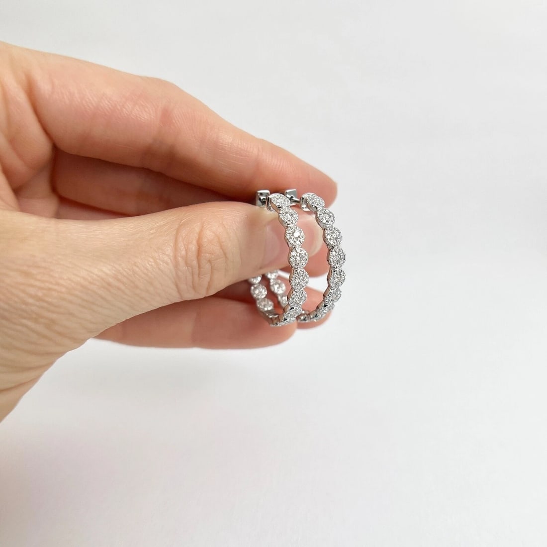 Diamond Halo Cluster Hoop Earrings 14K White Gold 1 Inch Long, 1.35 CTW - 5