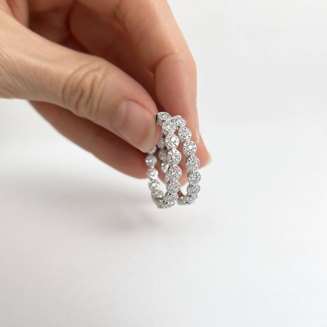 Diamond Halo Cluster Hoop Earrings 14K White Gold 1 Inch Long, 1.35 CTW - 6