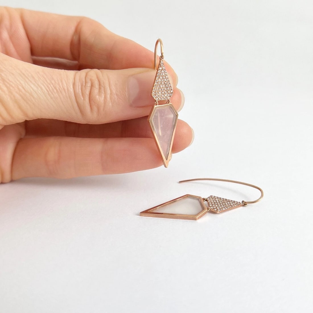 Opal Slice Diamond Geometric Dangle Drop Earrings 14K Pink Rose Gold, 2.61 CTW - 5