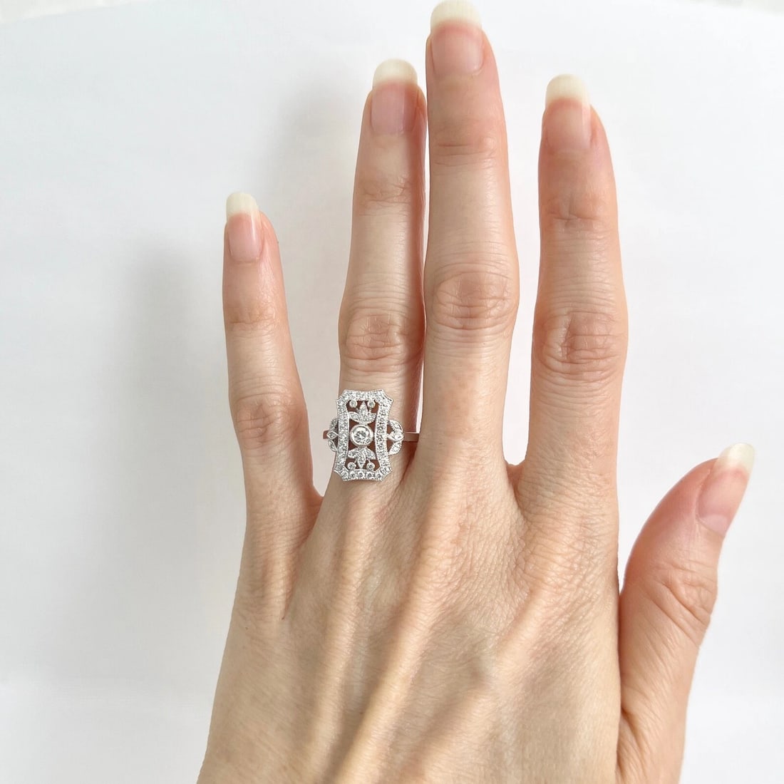 Art-Deco Style Long Pave Diamond Filigree Statement Ring 18K White Gold .52 CTW - 7