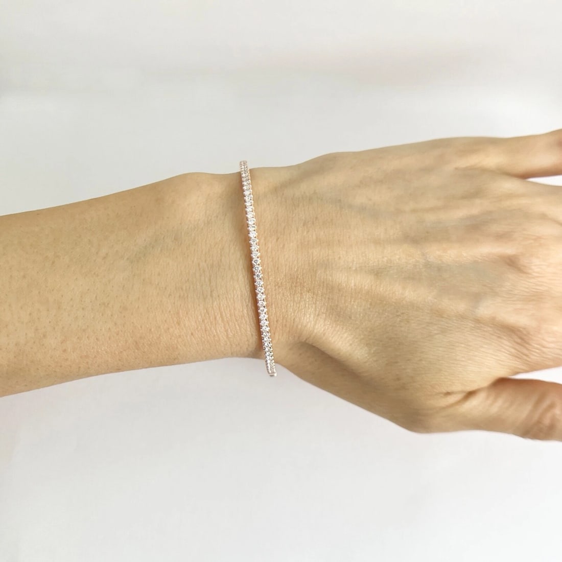 Thin Round Diamond Bangle Bracelet 14K Pink Rose Gold, .86 CTW - 3