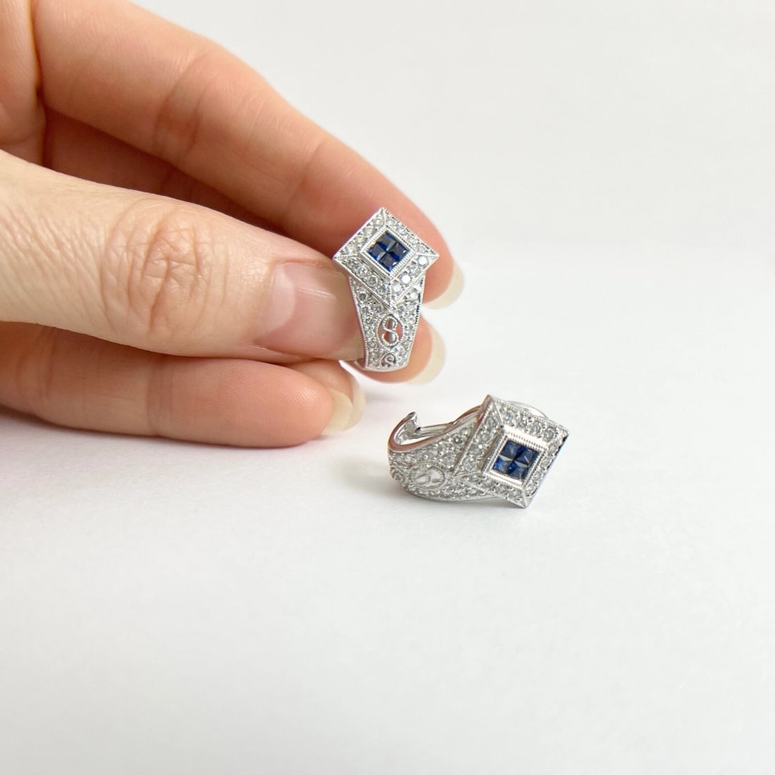 Sapphire Diamond Filigree Drop Earrings 18K White Gold, .75 CTW - 4