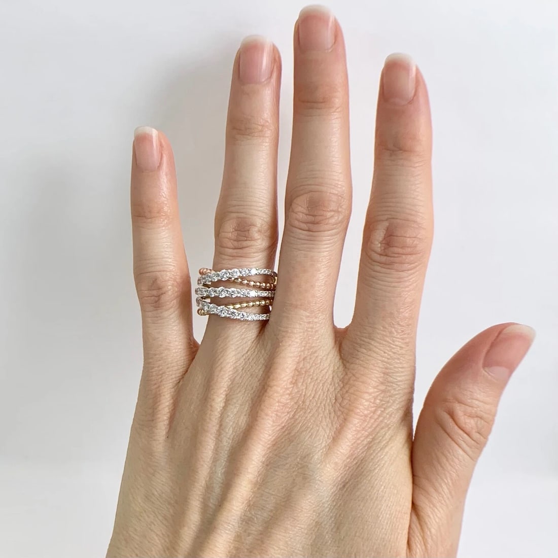 Wide Tri-Color Diamond Crisscross Statement Ring 14K Yellow Rose White Gold - 3