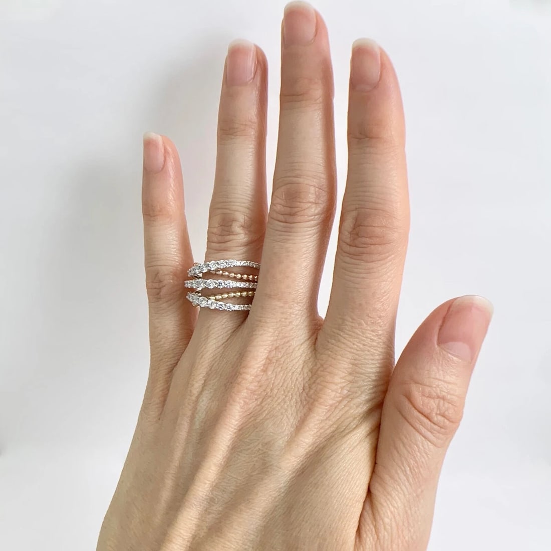 Wide Tri-Color Diamond Crisscross Statement Ring 14K Yellow Rose White Gold - 4