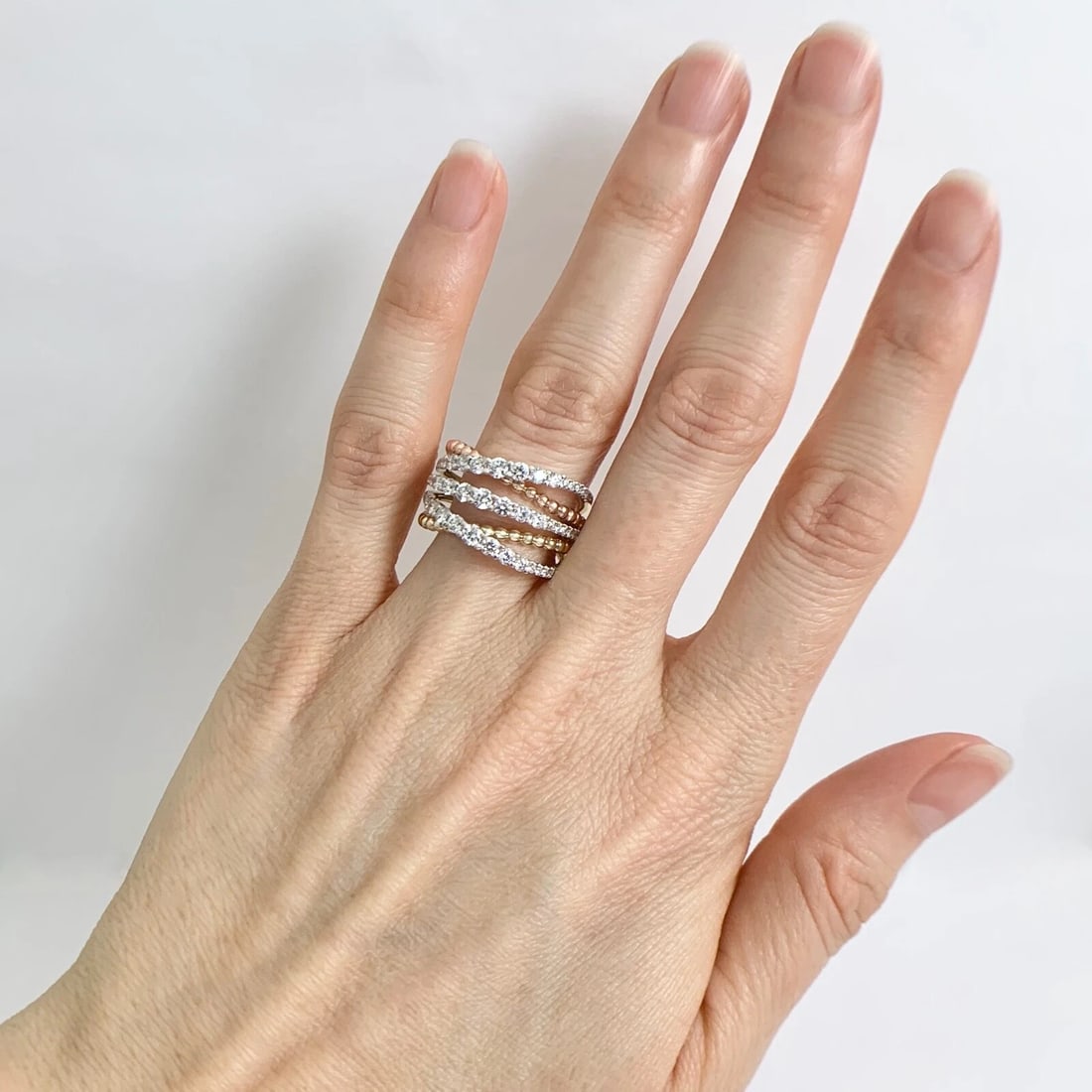 Wide Tri-Color Diamond Crisscross Statement Ring 14K Yellow Rose White Gold - 5