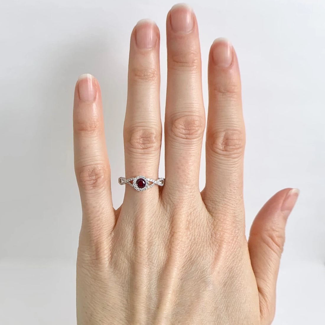 Round Ruby Diamond Halo Gemstone Ring 14K White Gold, .55 CTW - 3