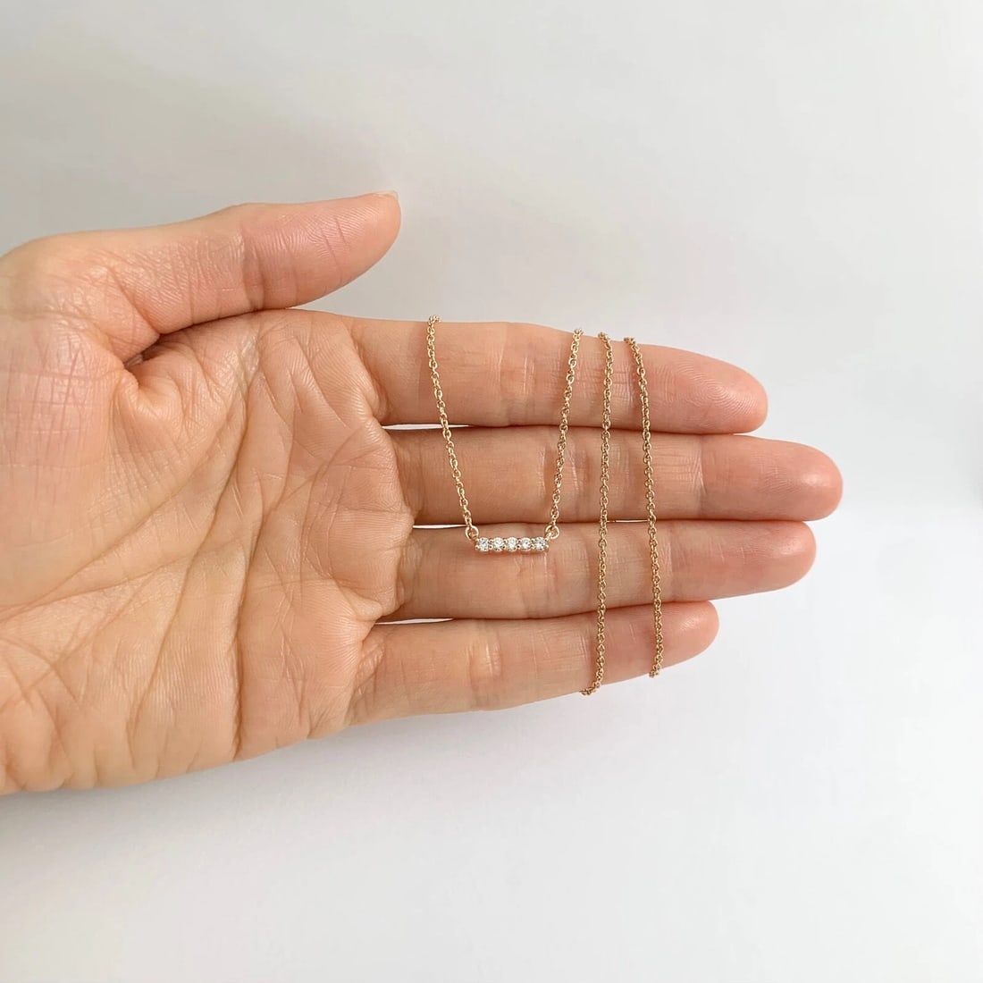 Small Diamond Bar Pendant Necklace 14K Pink Rose Gold .17 CTW - 3