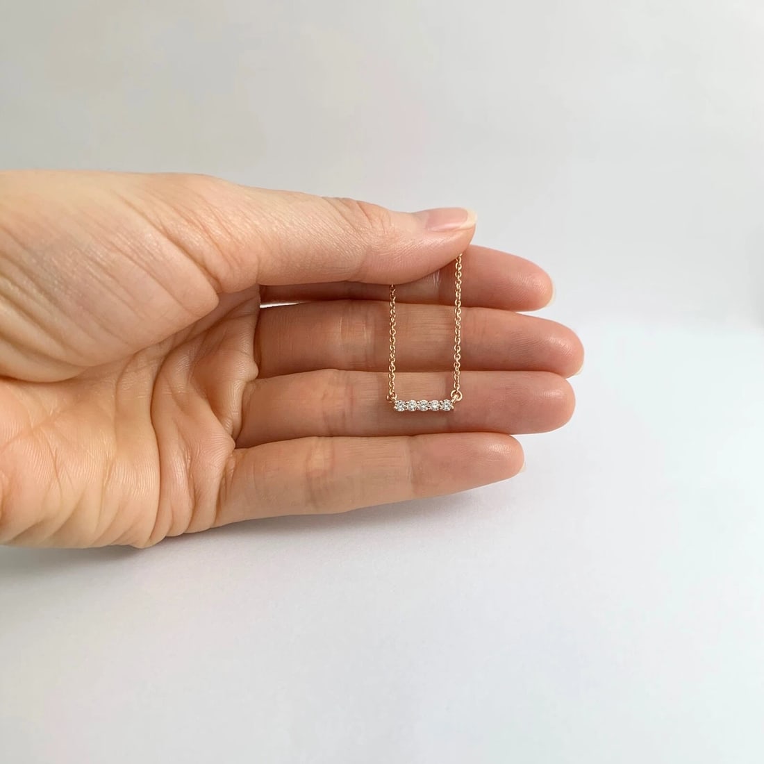 Small Diamond Bar Pendant Necklace 14K Pink Rose Gold .17 CTW - 4