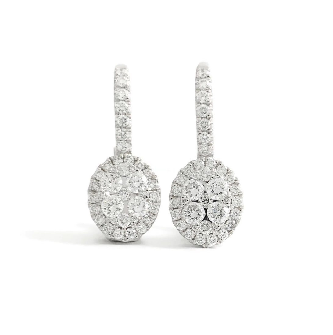 Oval Diamond Halo Cluster Drop Earrings 14K White Gold 1.01 CTW - 2