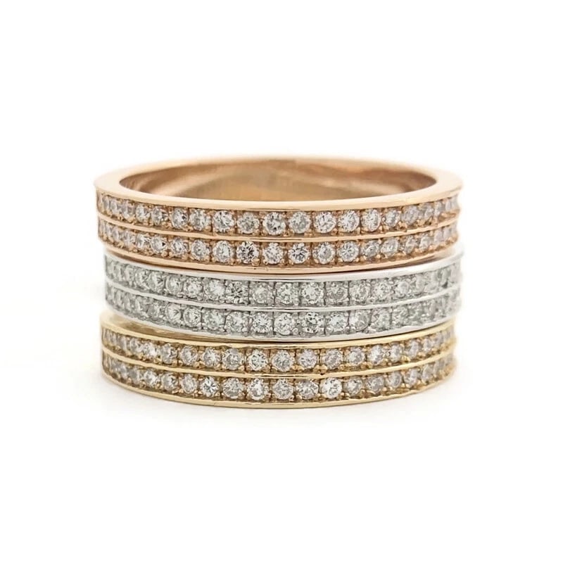 Wide Tri-Color Stacked Diamond Ring Set 14K Yellow White Pink Rose Gold, Size 7 (1 of 10)
