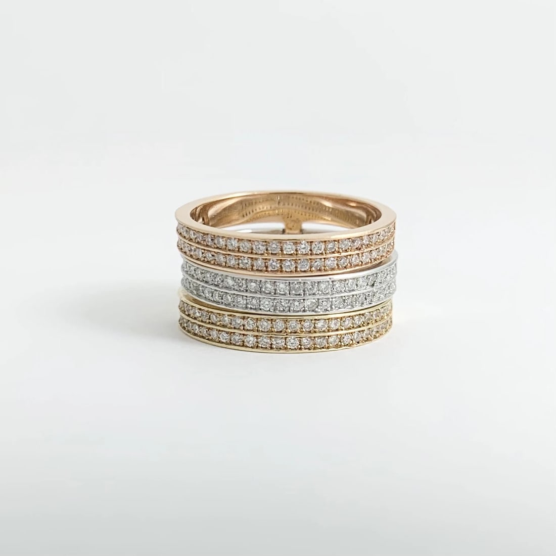 Wide Tri-Color Stacked Diamond Ring Set 14K Yellow White Pink Rose Gold, Size 7 - 7