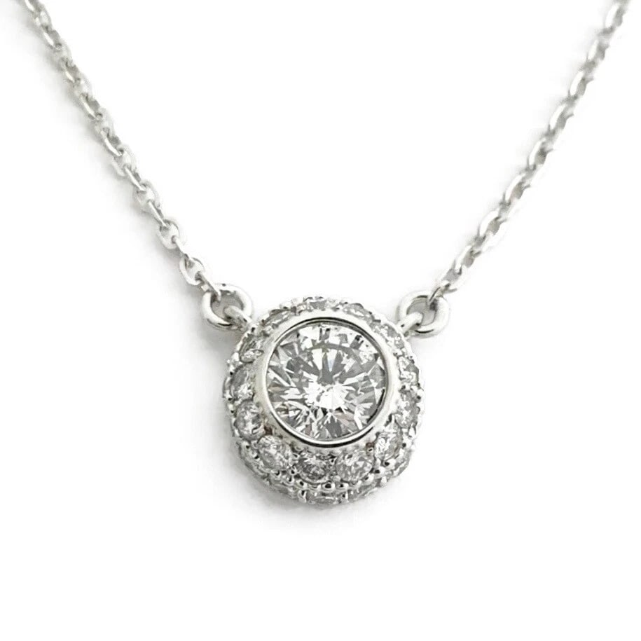 Italian Round Diamond Bezel Pave Halo Pendant Necklace 14K White Gold, 1.25 CTW - 2